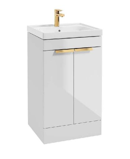 Picture of Stockholm Gloss White 2 Door Vanity Unit Brushed Gold Handles 50cm
