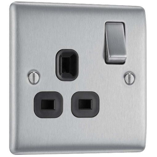 Picture of BG Nexus Brushed Steel 13A 1 Gang Switched Socket Black Insert