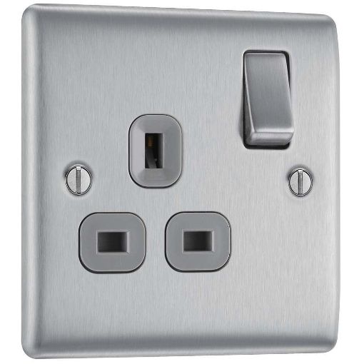 Picture of BG Nexus Brushed Steel 13A 1 Gang Switched Socket Grey Insert